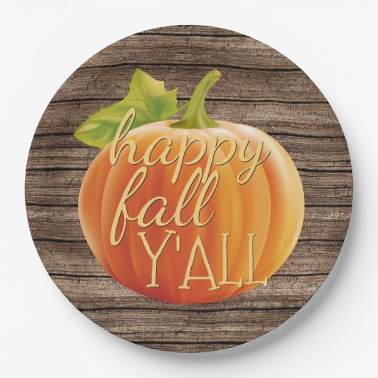 Happy Herfst Y'all Oranje pompoen op Planks Patter Papieren Bordje (Voorkant)