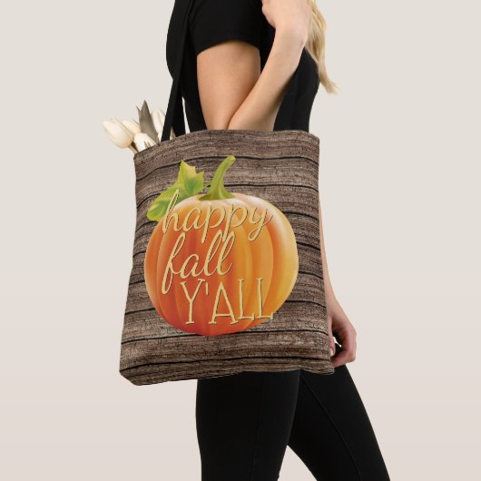 Happy Herfst Y'all Oranje pompoen op Planks Patter Tote Bag (Dichtbij)