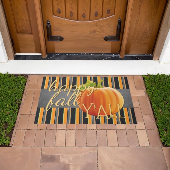 Happy Herfst Yall Pumpkin Oranje Green Stripes Deurmat (Buiten)