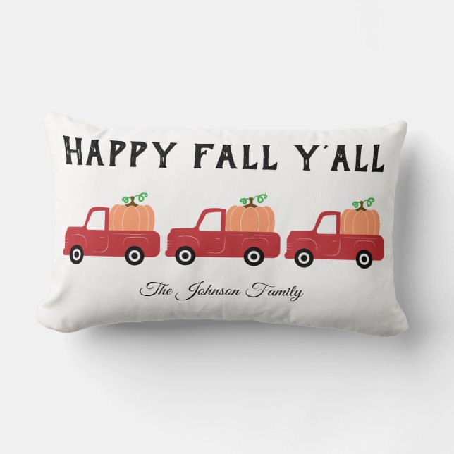 Happy Herfst Y'all Red Truck Pumpkin Lumbar Pillow Kussen (Voorkant)