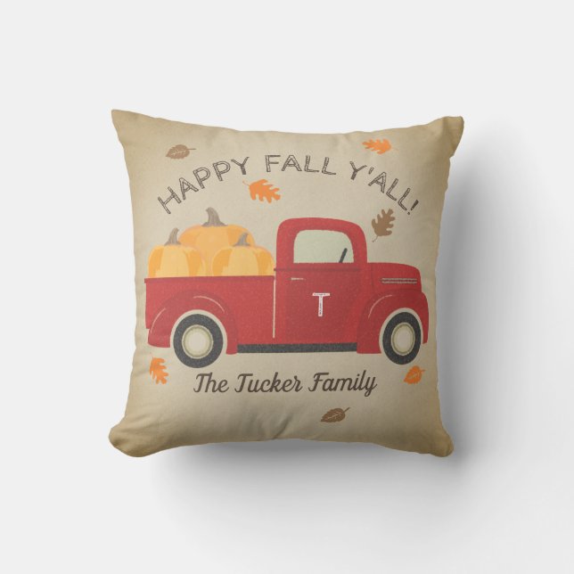 Happy HERFST Y'all Red Truck Pumpkins Monogram Kussen (Voorkant)