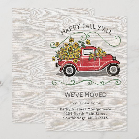 Happy Herfst Y'All  Rode Vrachtwagen Bloemen Verhu Aankondiging (Voorkant / Achterkant)