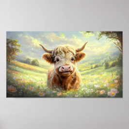 Happy Highland Koe omgeven door levendige bloesems Poster