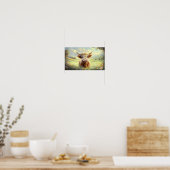 Happy Highland Koe omgeven door levendige bloesems Poster (Keuken)