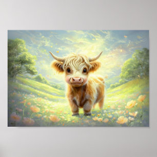 Happy Highland Koe omgeven door levendige bloesems Poster