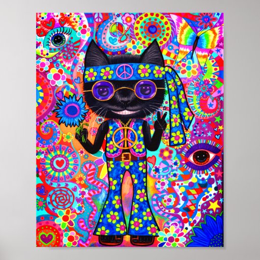 Happy Hippie Cat Peace Sign Paarse zonnebril '60's Poster (Voorkant)