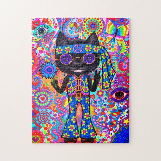 Happy Hippie Cat Sunbril Peace Sign Flower '60's Legpuzzel (Verticaal)