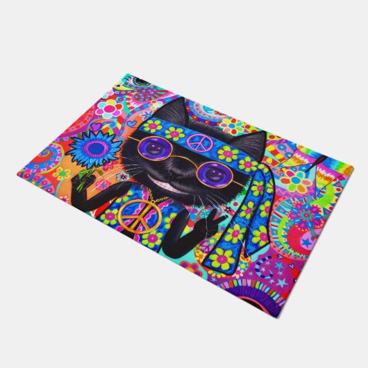Happy Hippie Cat Sunglazen Vredesgeblazen Bloem Deurmat (Schuin)