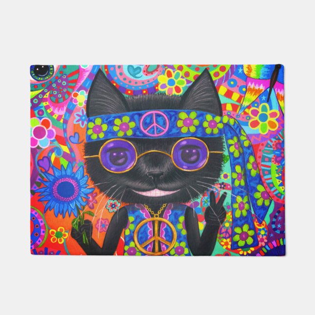 Happy Hippie Cat Sunglazen Vredesgeblazen Bloem Deurmat (Voorkant)