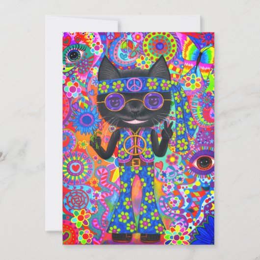 Happy Hippie Cat Sunglazen Vredesgeblazen Bloem Kaart (Voorkant)