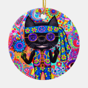 Happy Hippie Cat Sunglazen Vredesgeblazen Bloem Keramisch Ornament
