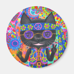 Happy Hippie Cat Sunglazen Vredesgeblazen Bloem Magneet