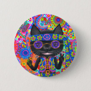 Happy Hippie Cat Sunglazen Vredesgeblazen Bloem Ronde Button 5,7 Cm