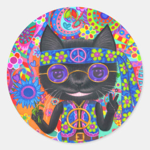 Happy Hippie Cat Sunglazen Vredesgeblazen Bloem Ronde Sticker