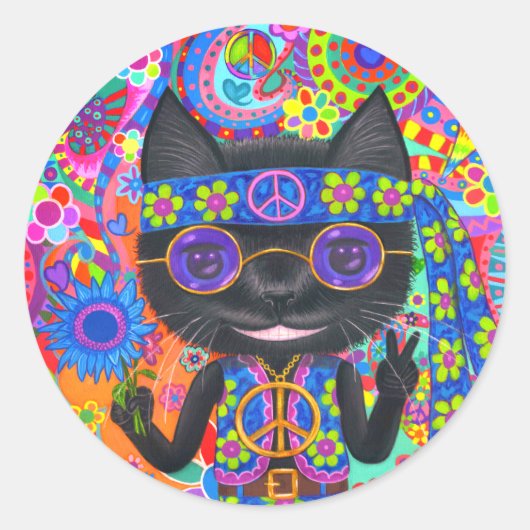 Happy Hippie Cat Sunglazen Vredesgeblazen Bloem Ronde Sticker (Voorkant)
