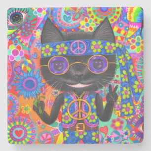 Happy Hippie Cat Sunglazen Vredesgeblazen Bloem Stenen Onderzetter