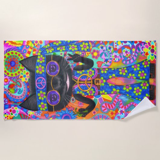 Happy Hippie Cat Sunglazen Vredesgeblazen Bloem Strandlaken (Voorkant)