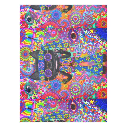 Happy Hippie Cat Sunglazen Vredesgeblazen Bloem Tafelkleed (Voorkant)