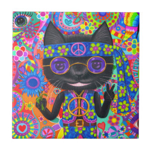 Happy Hippie Cat Sunglazen Vredesgeblazen Bloem Tegeltje