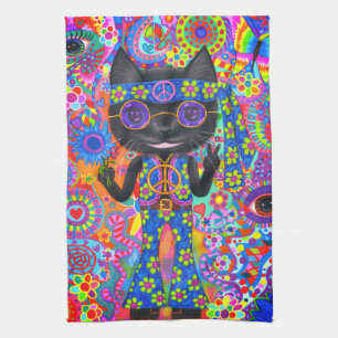 Happy Hippie Cat Sunglazen Vredesgeblazen Bloem Theedoek
