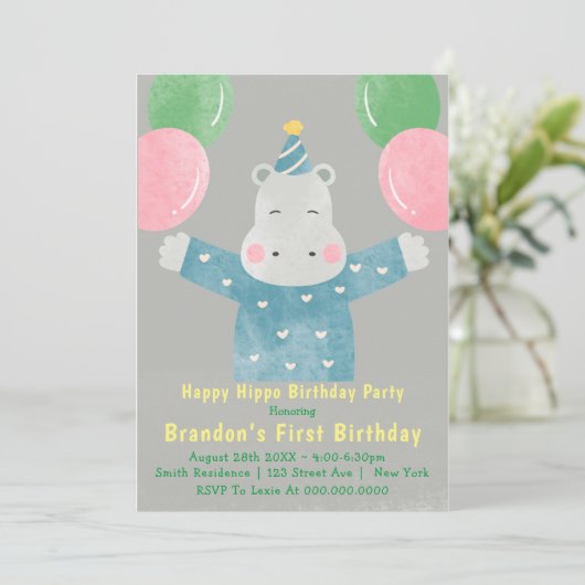 Happy Hippo First Birthday Invitations (Staand voorkant)