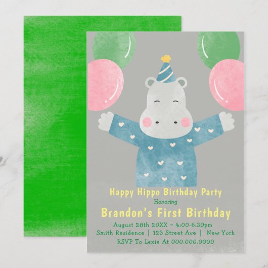 Happy Hippo First Birthday Invitations (Voorkant / Achterkant)