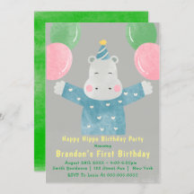 Happy Hippo First Birthday Invitations