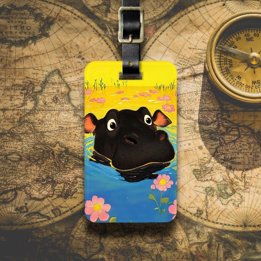 Happy Hippo in Blooming Pond Bagagelabel