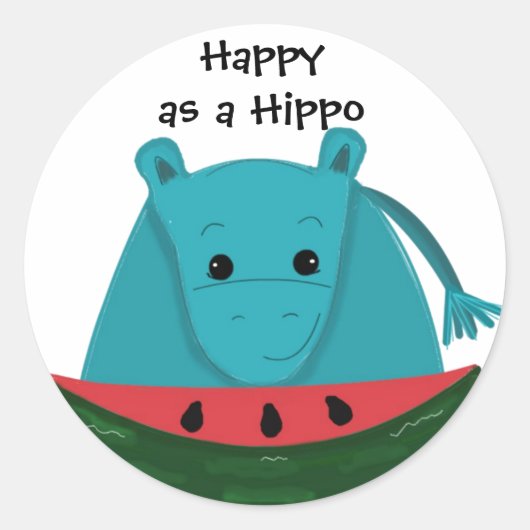 Happy Hippo met Watermelon Slice Ronde Sticker (Voorkant)