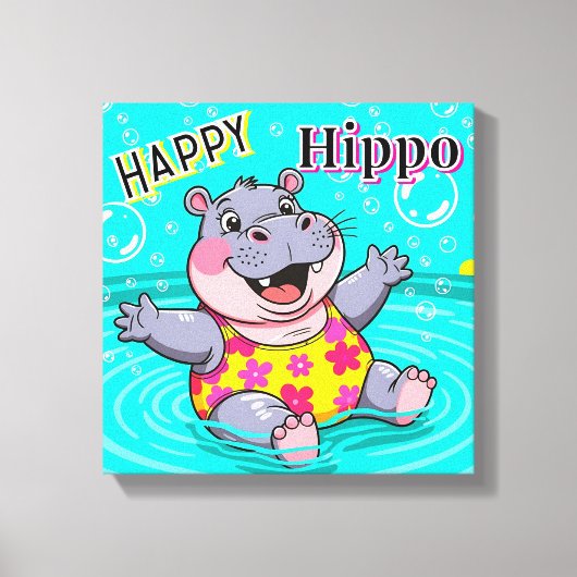 Happy Hippo | Schattigee Cartoon Kind Nursery Art Canvas Afdruk (Voorkant)