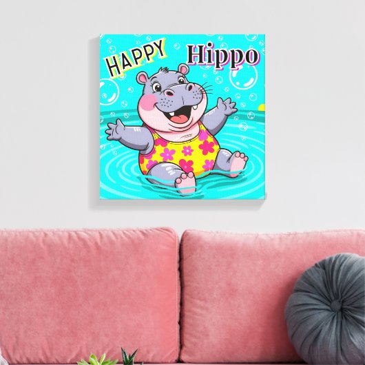 Happy Hippo | Schattigee Cartoon Kind Nursery Art Canvas Afdruk (Insitu (Woonkamer))