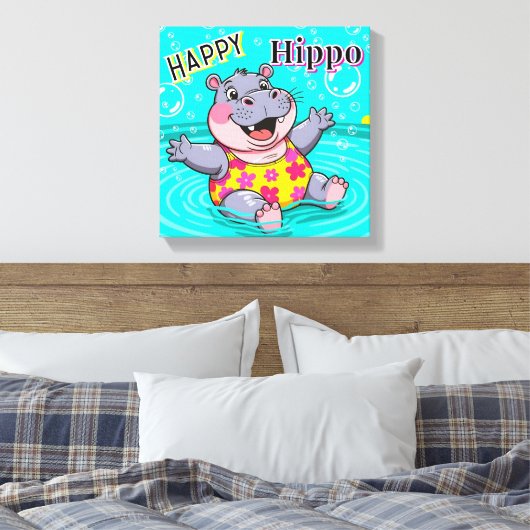 Happy Hippo | Schattigee Cartoon Kind Nursery Art Canvas Afdruk (Insitu (Slaapkamer))