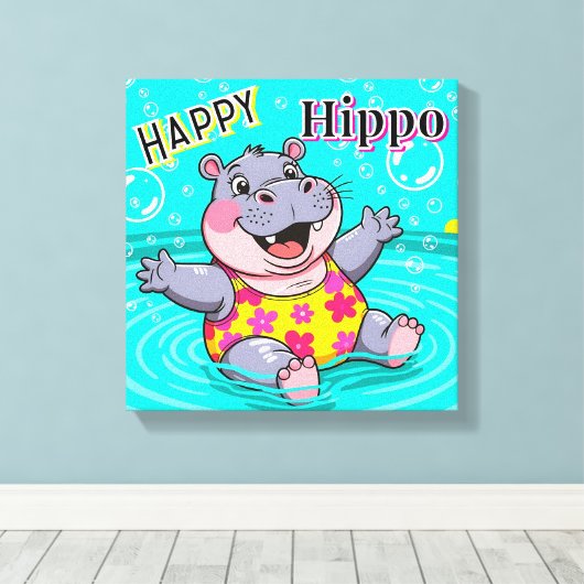 Happy Hippo | Schattigee Cartoon Kind Nursery Art Canvas Afdruk (Insitu (Houten vloer))