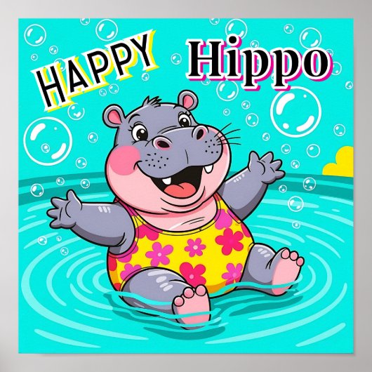 Happy Hippo | Schattigee Cartoon Kind Nursery Art Poster (Voorkant)