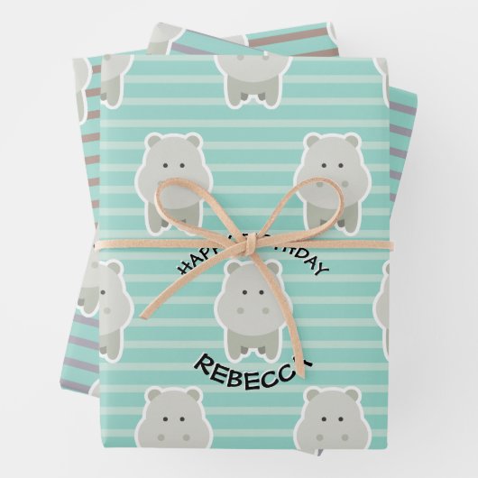 Happy Hippo Stripes Birthday Name Inpakpapier Vel (In situ)