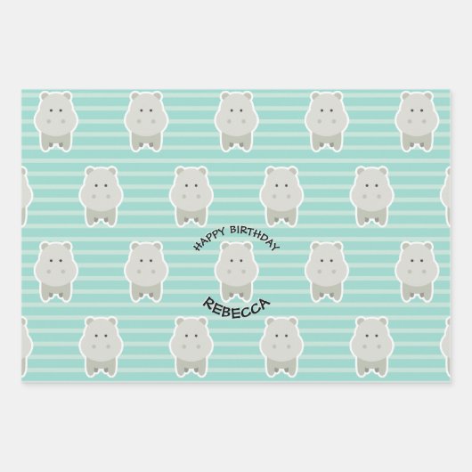 Happy Hippo Stripes Birthday Name Inpakpapier Vel (Voorkant)