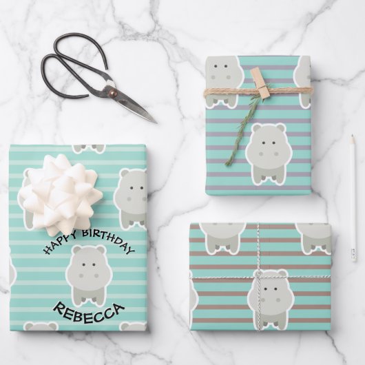 Happy Hippo Stripes Birthday Name Inpakpapier Vel (Voorkant)