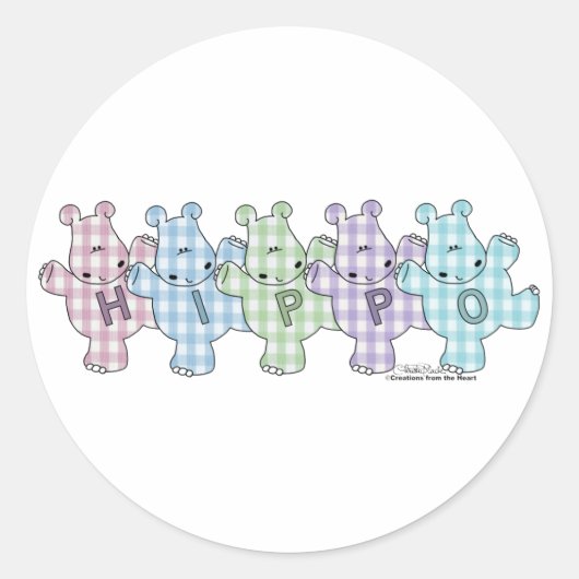 Happy Hippos pastel gingham Ronde Sticker (Voorkant)