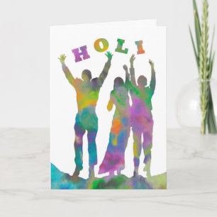 Happy Holi, Silhouetten van mensen en kleuren Feestdagen Kaart