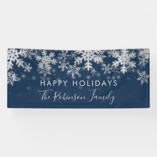 Happy Holiday Family Silver Navy Winter Snowflakes Spandoek (Horizontaal)