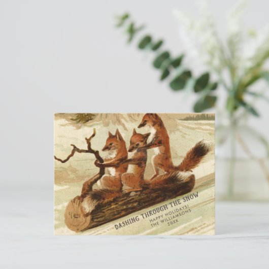 Happy Holiday  Fox Sled Custom Family Foto Briefkaart (Staand voorkant)