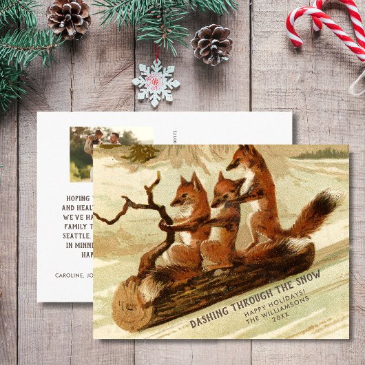 Happy Holiday Fox Sled Custom Family Foto Briefkaart
