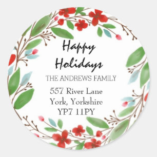 Happy Holiday Greenery Red Wreath Ronde Sticker