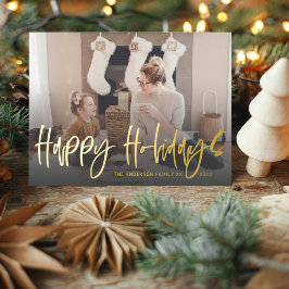Happy Holiday Greetings Gold Foil Script Foto Folie Feestdagen Briefkaart