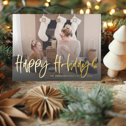 Happy Holiday Greetings Gold Foil Script Foto Folie Feestdagen Briefkaart