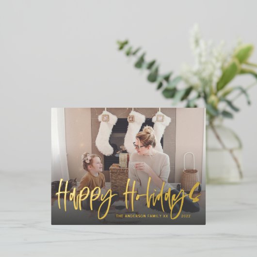 Happy Holiday Greetings Gold Foil Script Foto Folie Feestdagen Briefkaart (Staand Voorkant)