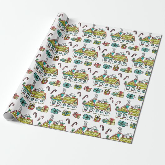 Happy Holiday Houses Wrapping Paper Cadeaupapier (Uitgerold)
