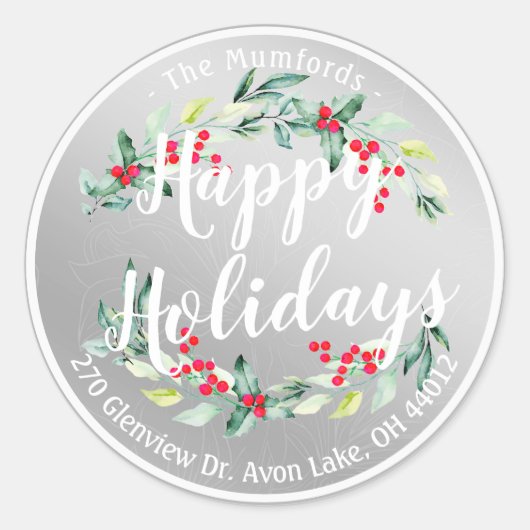 Happy Holiday Merry Kerstmis Holly Floral Adres Ronde Sticker (Voorkant)