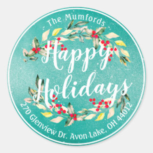 Happy Holiday Merry Kerstmis Holly Floral Adres Ronde Sticker
