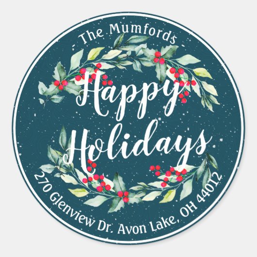 Happy Holiday Merry Kerstmis Holly Floral Adres Ronde Sticker (Voorkant)